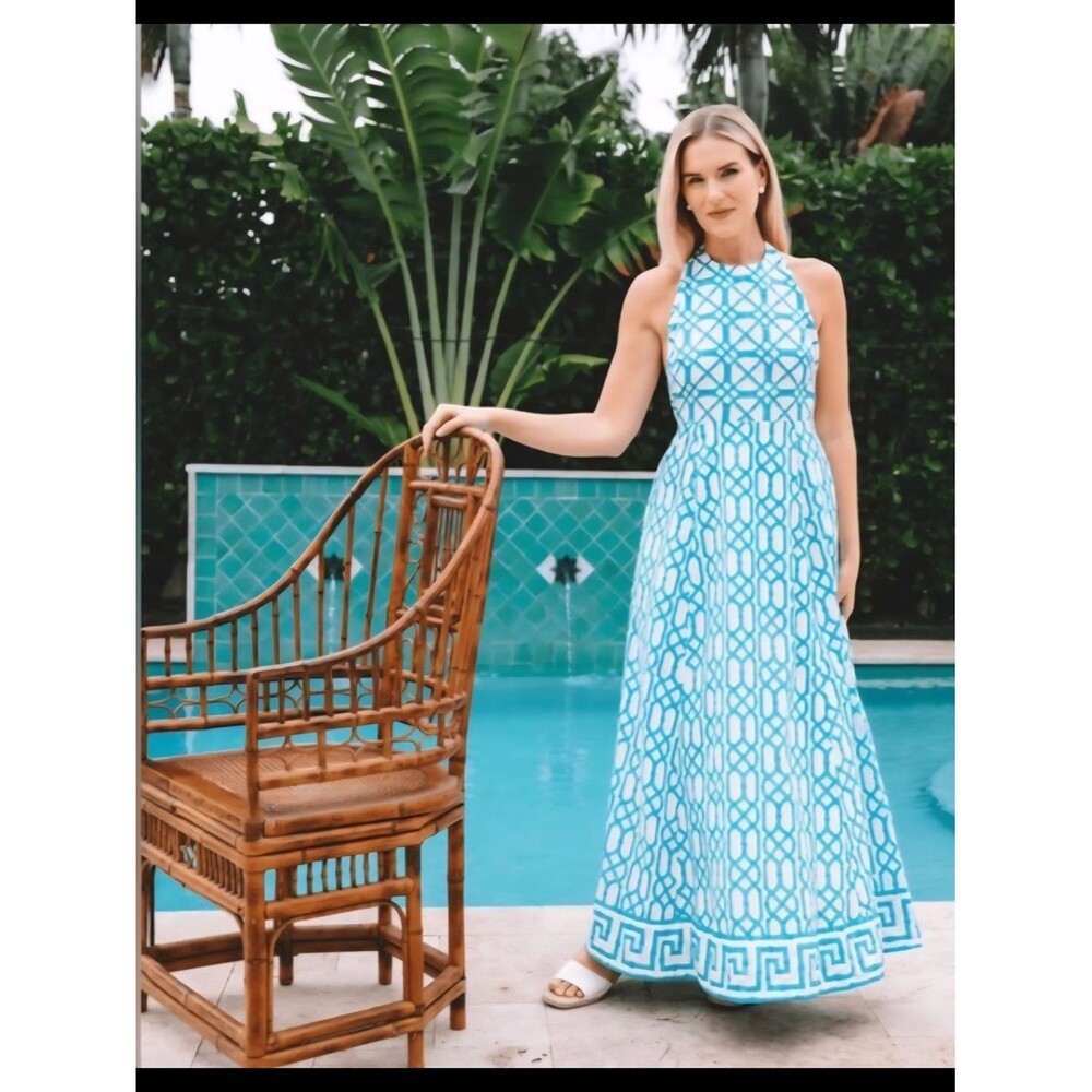 NWOT Sue Sartor Halter Maxi In Ciel Blue Bamboo Sz L